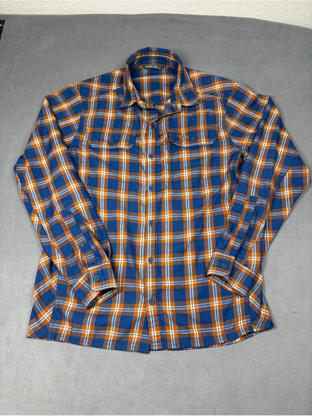 Sitka Gear Frontier Shirt Plaid Long-Sleeve Button-Down Shirt in Blue and Orange
